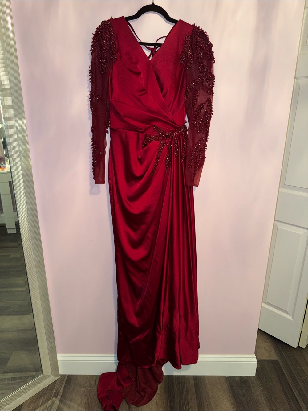 Elegant Red Beaded Long Sleeve Evening Gown